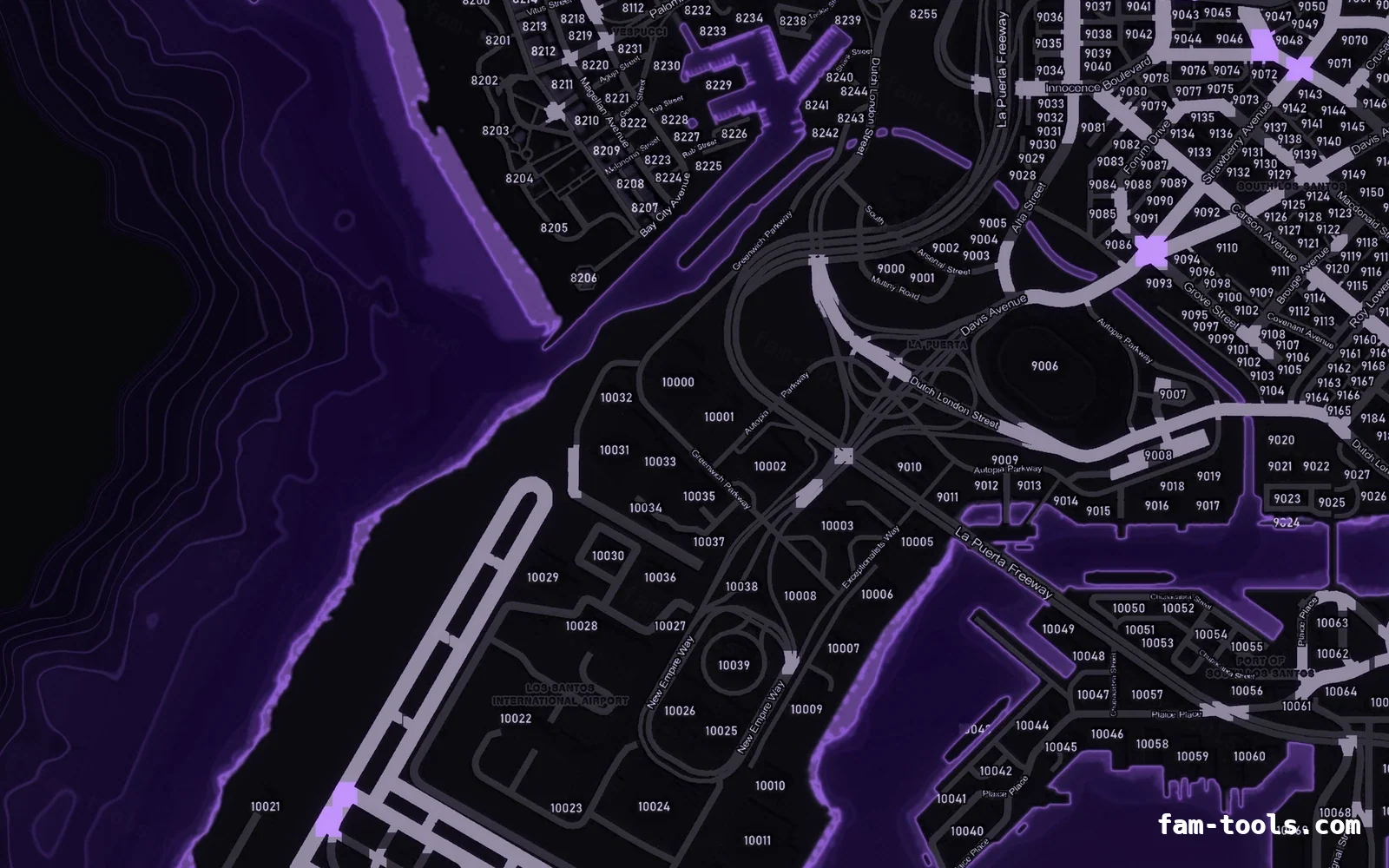 Purple VIOLET FiveM-compatible minimap for GTA 5 — with postal codes — showing the harbour and industrial docks