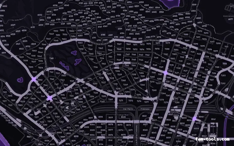 Purple VIOLET FiveM-compatible minimap for GTA 5 — with postal codes — showing Los Santos street detail