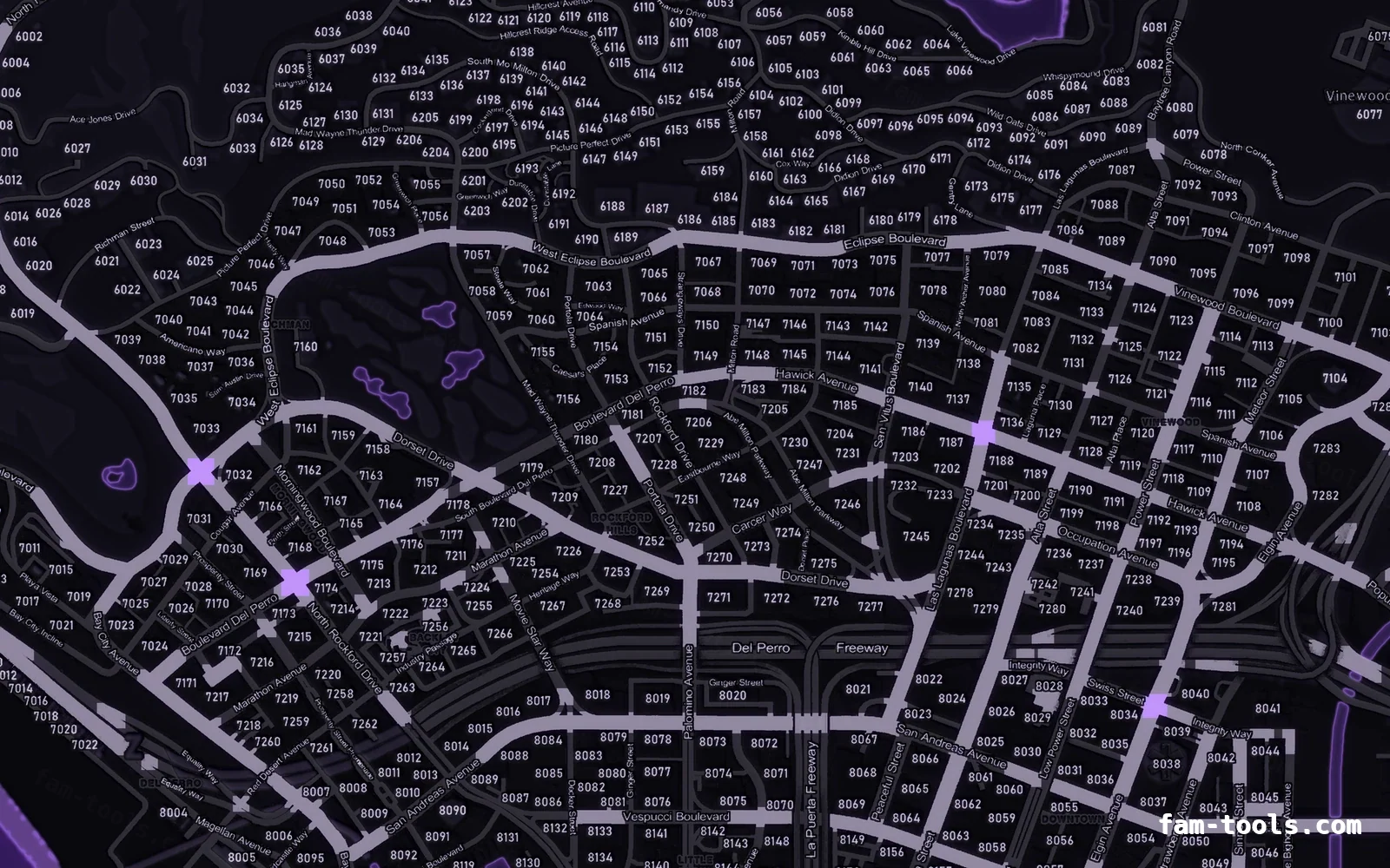 Purple VIOLET FiveM-compatible minimap for GTA 5 — with postal codes — showing Los Santos street detail