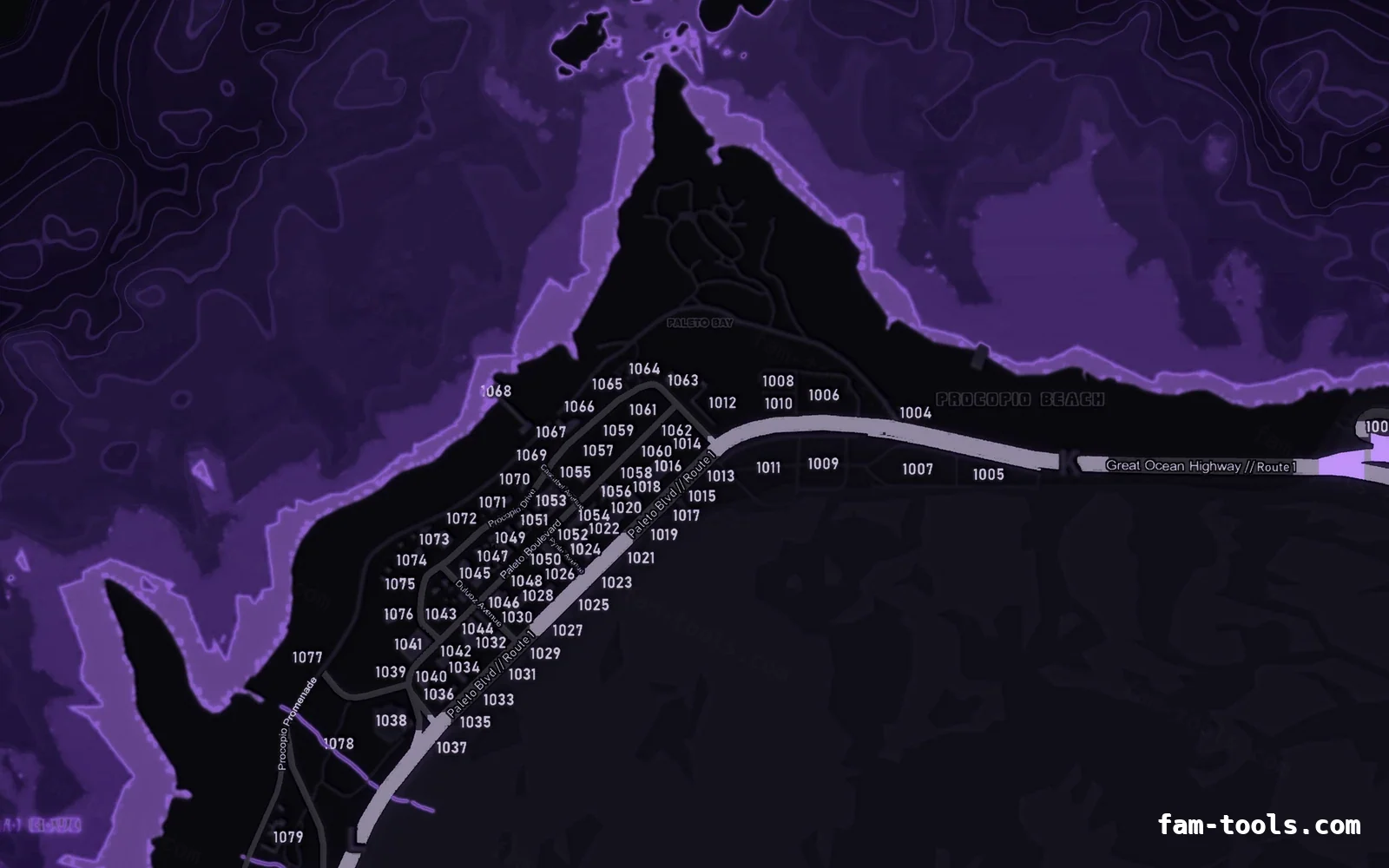 Purple VIOLET FiveM-compatible minimap for GTA 5 — with postal codes — showing Paleto Bay and Mount Chiliad