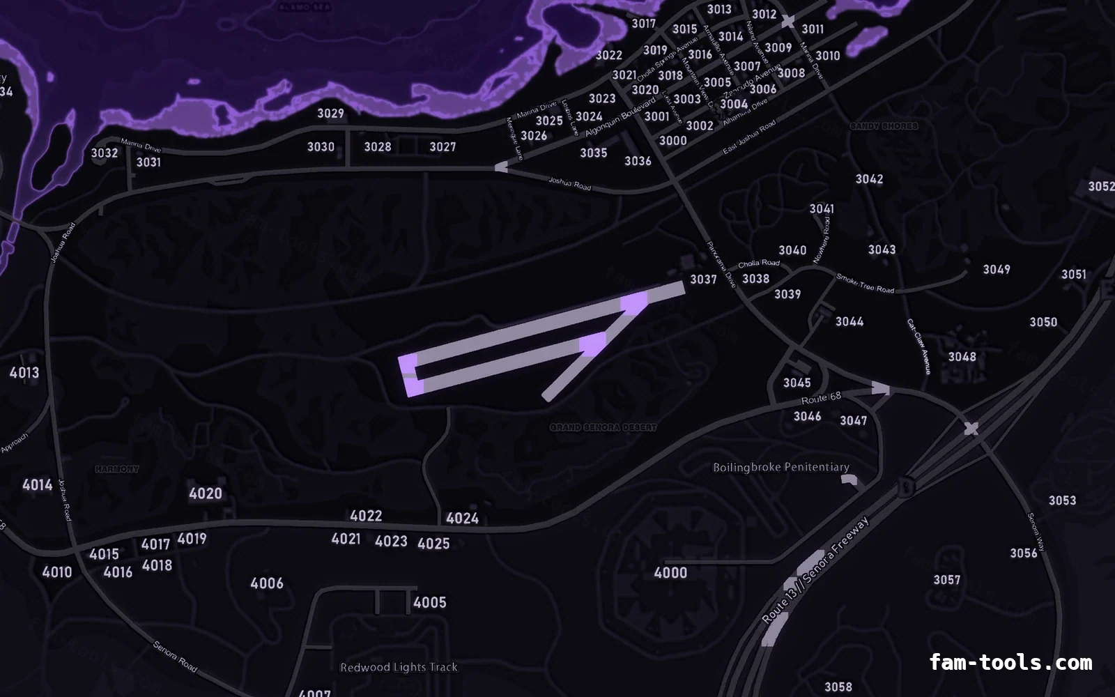 Purple VIOLET FiveM-compatible minimap for GTA 5 — with postal codes — showing Sandy Shores and the desert