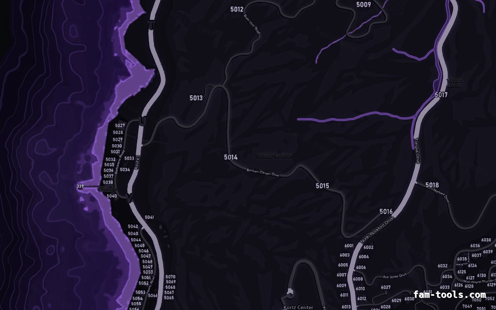 Purple VIOLET FiveM-compatible minimap for GTA 5 — with postal codes — showing the west coast and depth contours