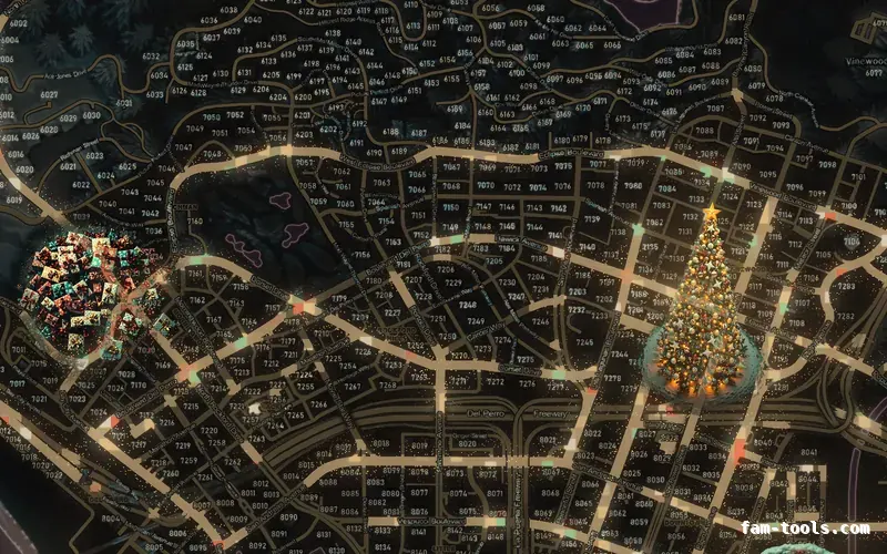 Christmas Red WINTER CRIMSON FiveM-compatible minimap for GTA 5 — with postal codes — showing Los Santos street detail