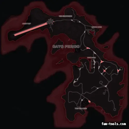 Red CRIMSON Cayo Perico FiveM-compatible minimap for GTA 5 — optional island add-on in the same palette, google style