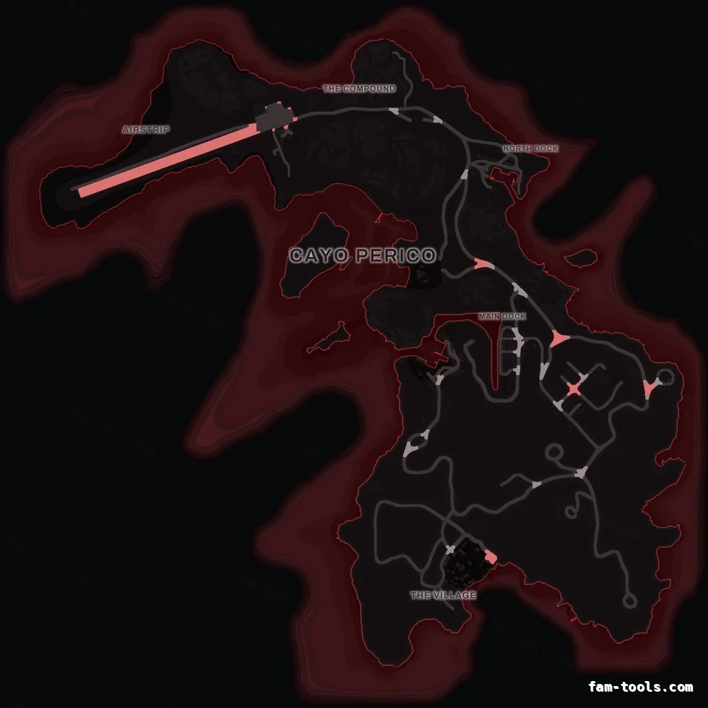 Red CRIMSON Cayo Perico FiveM-compatible minimap for GTA 5 — optional island add-on in the same palette, google style