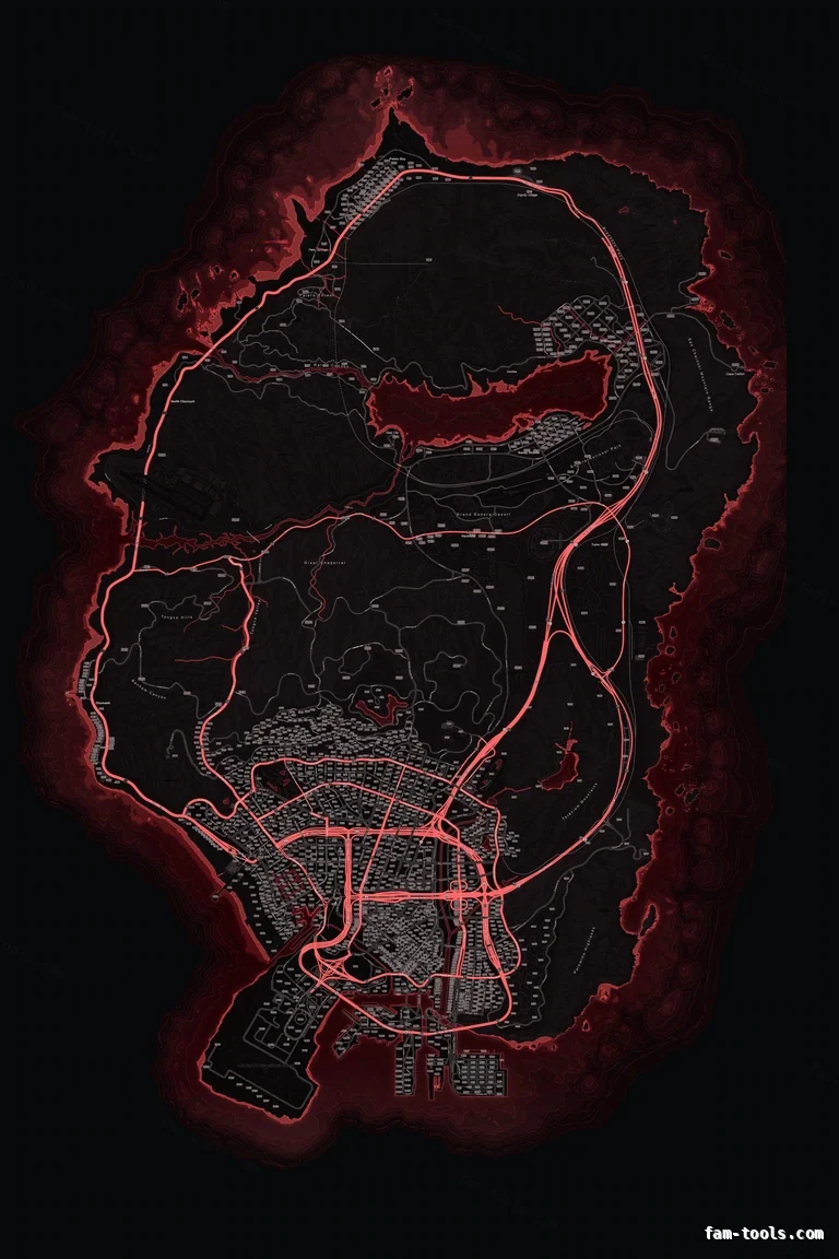 Red CRIMSON FiveM-compatible minimap for GTA 5 — google style — showing the whole Los Santos and Blaine County map