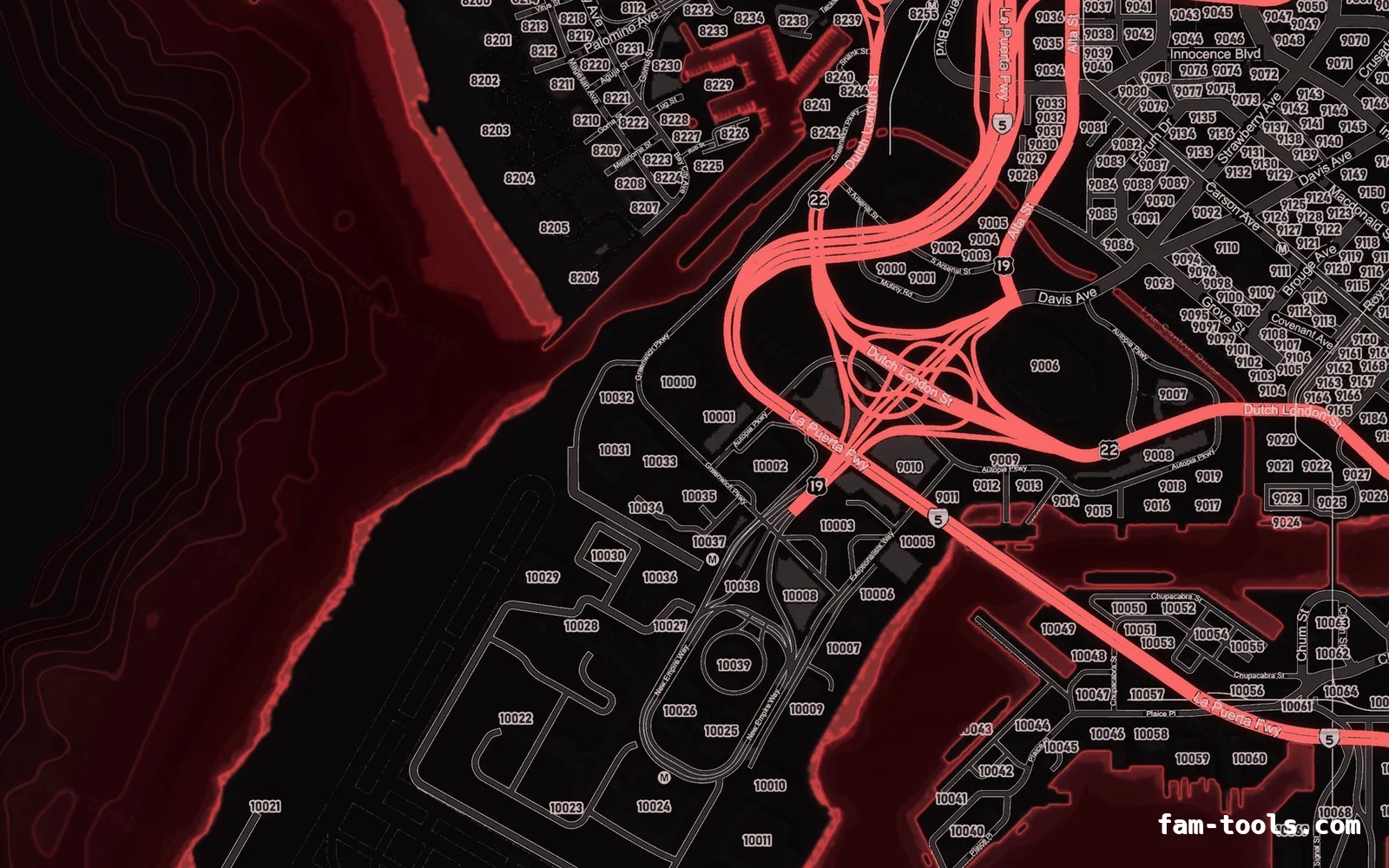 Red CRIMSON FiveM-compatible minimap for GTA 5 — google style — showing the harbour and industrial docks
