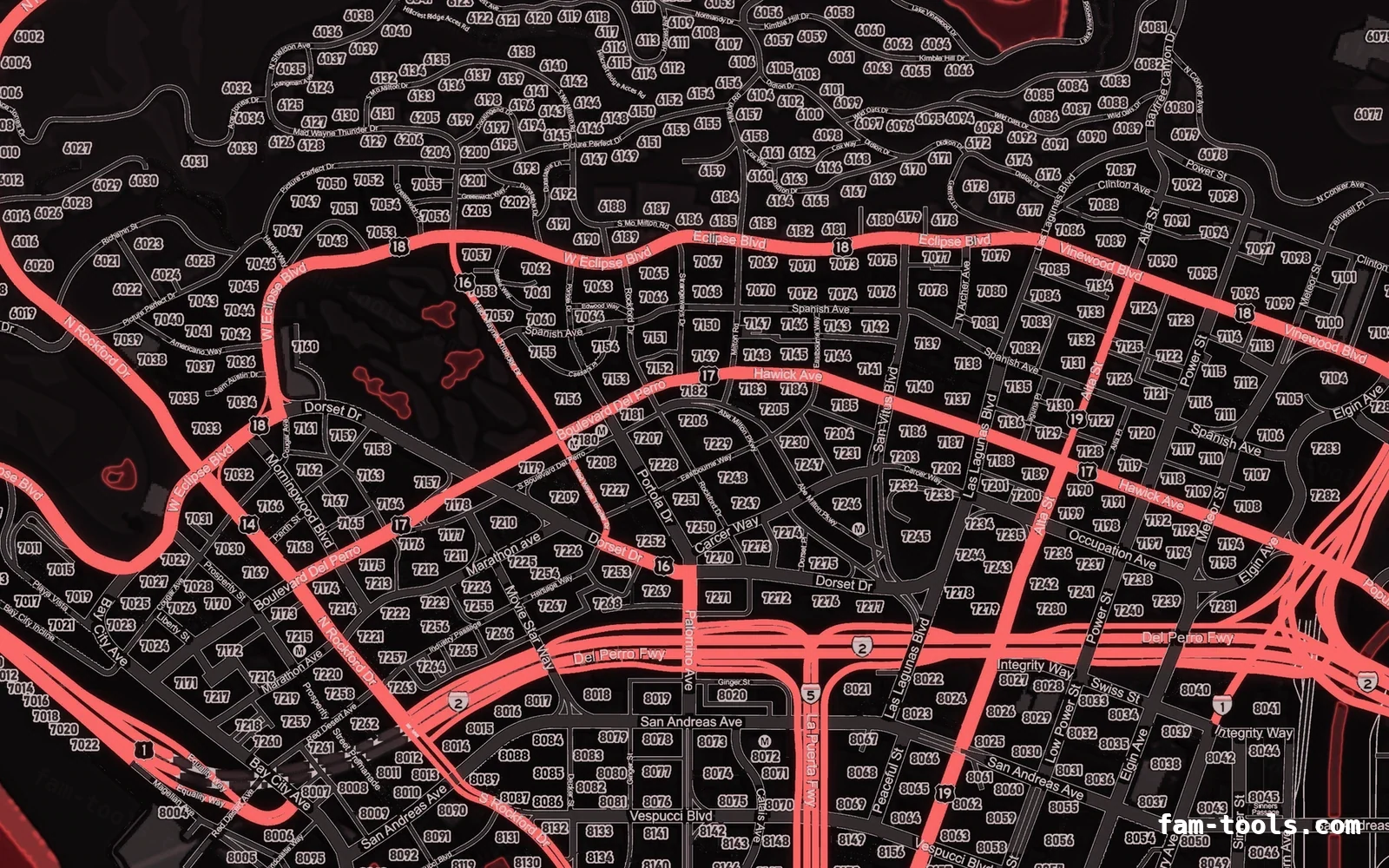 Red CRIMSON FiveM-compatible minimap for GTA 5 — google style — showing Los Santos street detail