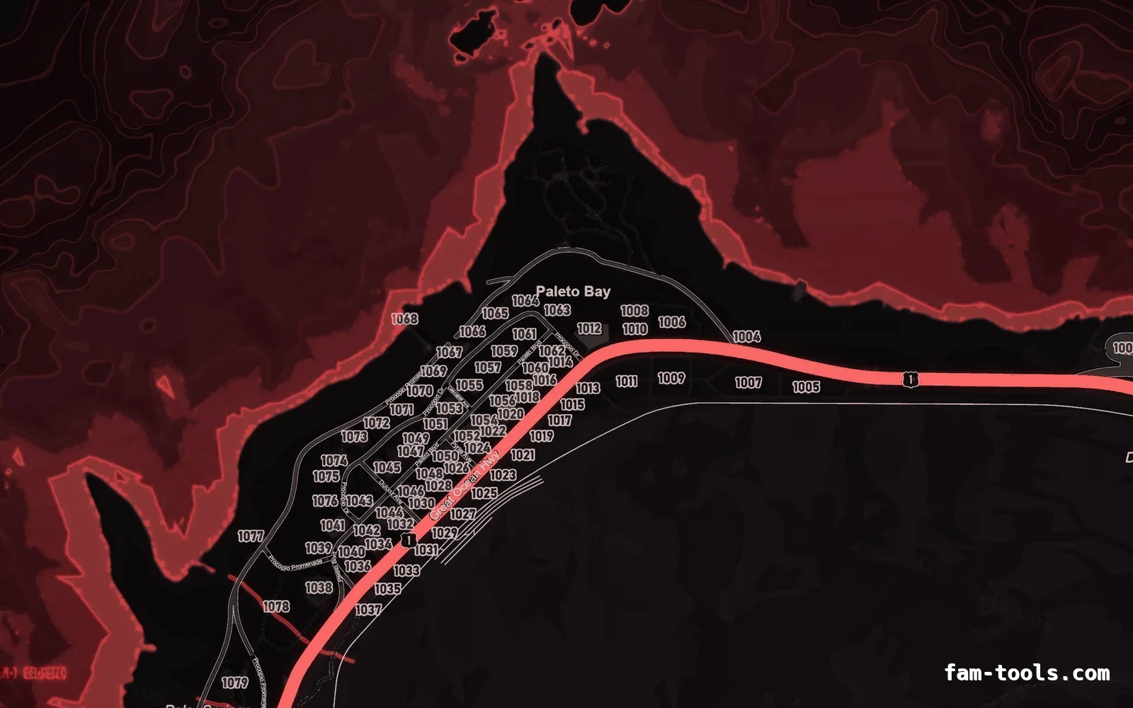 Red CRIMSON FiveM-compatible minimap for GTA 5 — google style — showing Paleto Bay and Mount Chiliad