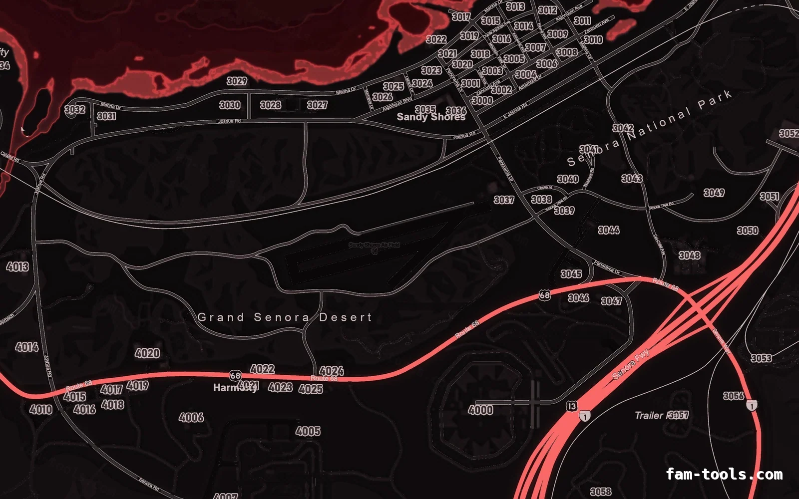 Red CRIMSON FiveM-compatible minimap for GTA 5 — google style — showing Sandy Shores and the desert