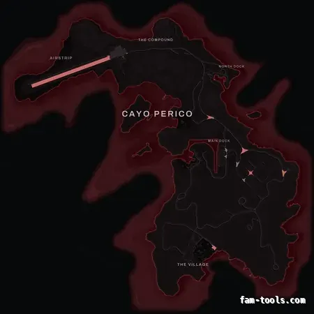 Red CRIMSON Cayo Perico FiveM-compatible minimap for GTA 5 — optional island add-on in the same palette, without postal codes