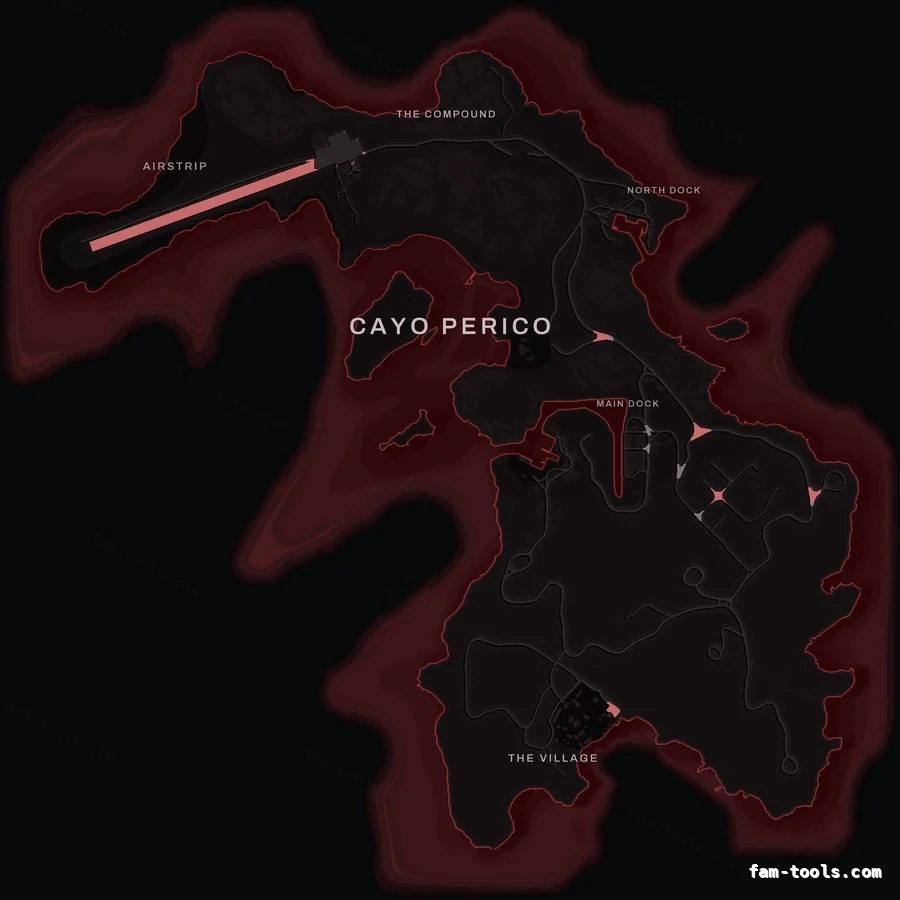 Red CRIMSON Cayo Perico FiveM-compatible minimap for GTA 5 — optional island add-on in the same palette, without postal codes
