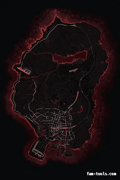 Red CRIMSON FiveM-compatible minimap for GTA 5 — without postal codes — showing the whole Los Santos and Blaine County map