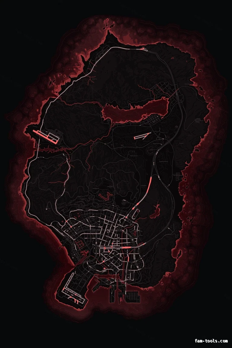 Red CRIMSON FiveM-compatible minimap for GTA 5 — without postal codes — showing the whole Los Santos and Blaine County map