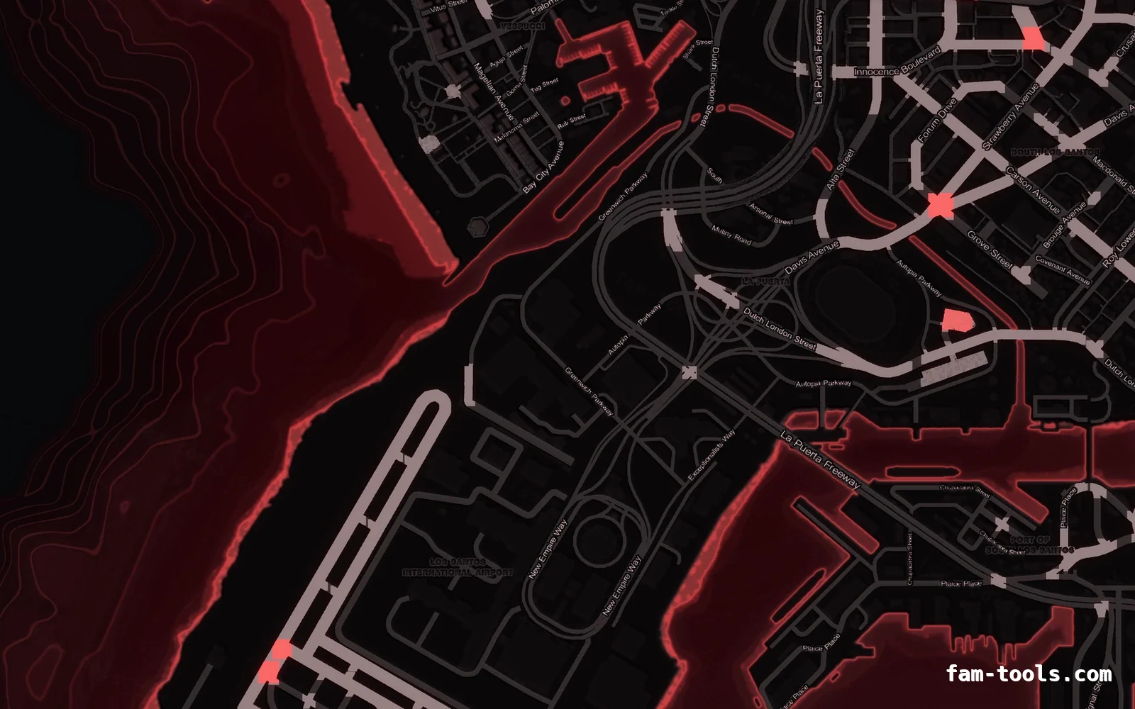 Red CRIMSON FiveM-compatible minimap for GTA 5 — without postal codes — showing the harbour and industrial docks