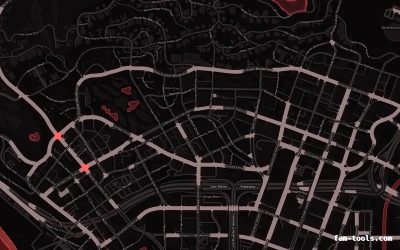 Red CRIMSON FiveM-compatible minimap for GTA 5 — without postal codes — showing Los Santos street detail