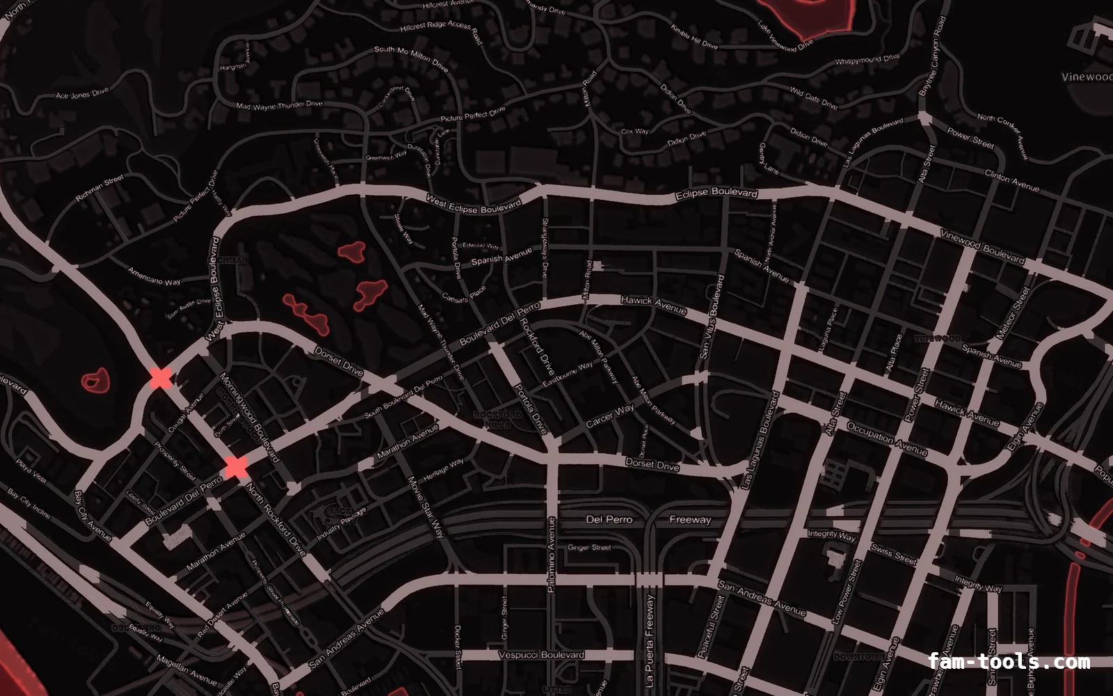 Red CRIMSON FiveM-compatible minimap for GTA 5 — without postal codes — showing Los Santos street detail