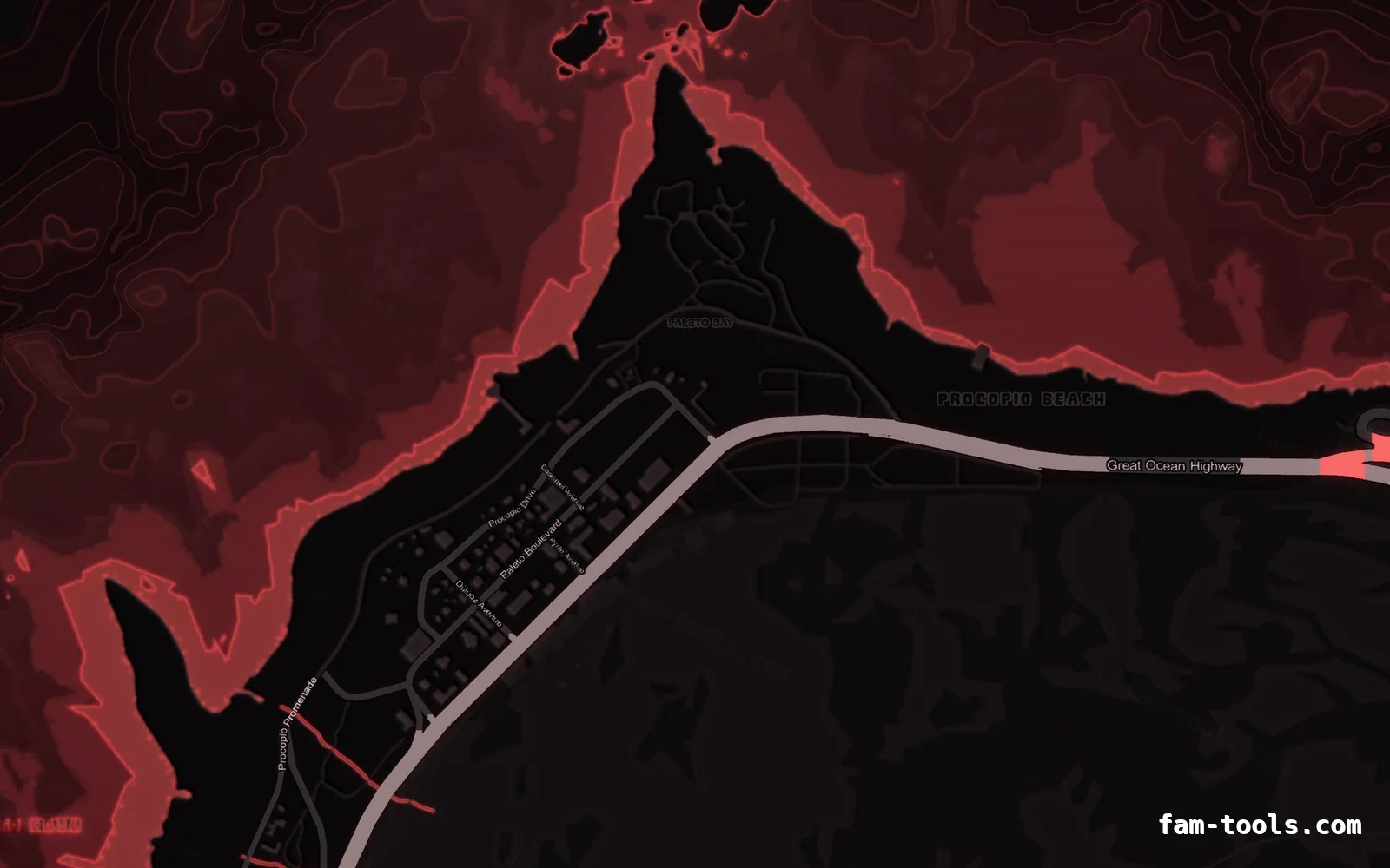 Red CRIMSON FiveM-compatible minimap for GTA 5 — without postal codes — showing Paleto Bay and Mount Chiliad