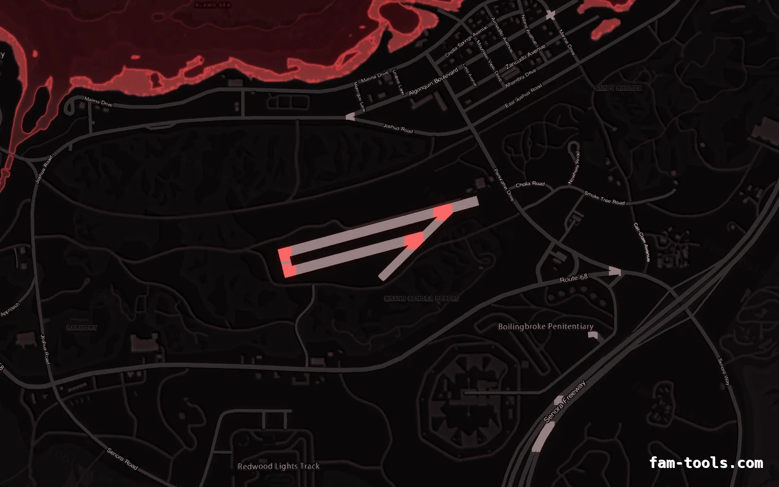 Red CRIMSON FiveM-compatible minimap for GTA 5 — without postal codes — showing Sandy Shores and the desert