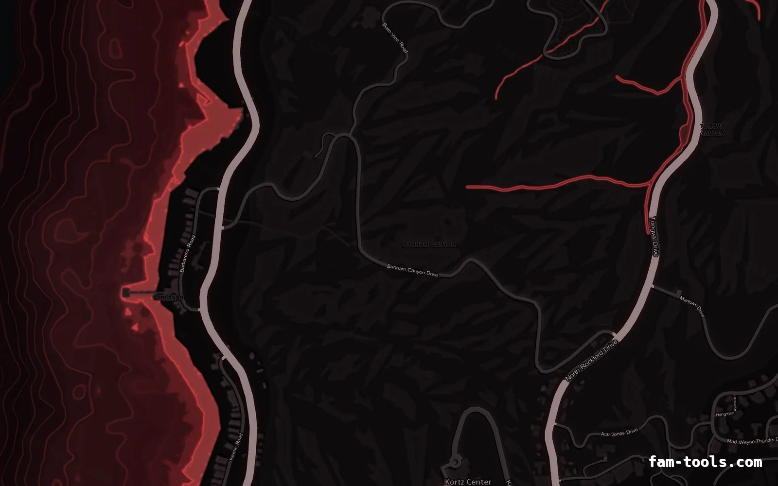 Red CRIMSON FiveM-compatible minimap for GTA 5 — without postal codes — showing the west coast and depth contours