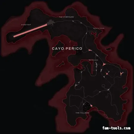 Red CRIMSON Cayo Perico FiveM-compatible minimap for GTA 5 — optional island add-on in the same palette, with postal codes