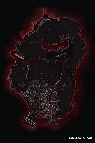 Red CRIMSON FiveM-compatible minimap for GTA 5 — with postal codes — showing the whole Los Santos and Blaine County map