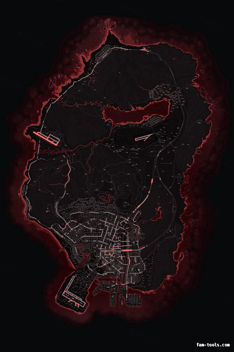 Red CRIMSON FiveM-compatible minimap for GTA 5 — with postal codes — showing the whole Los Santos and Blaine County map