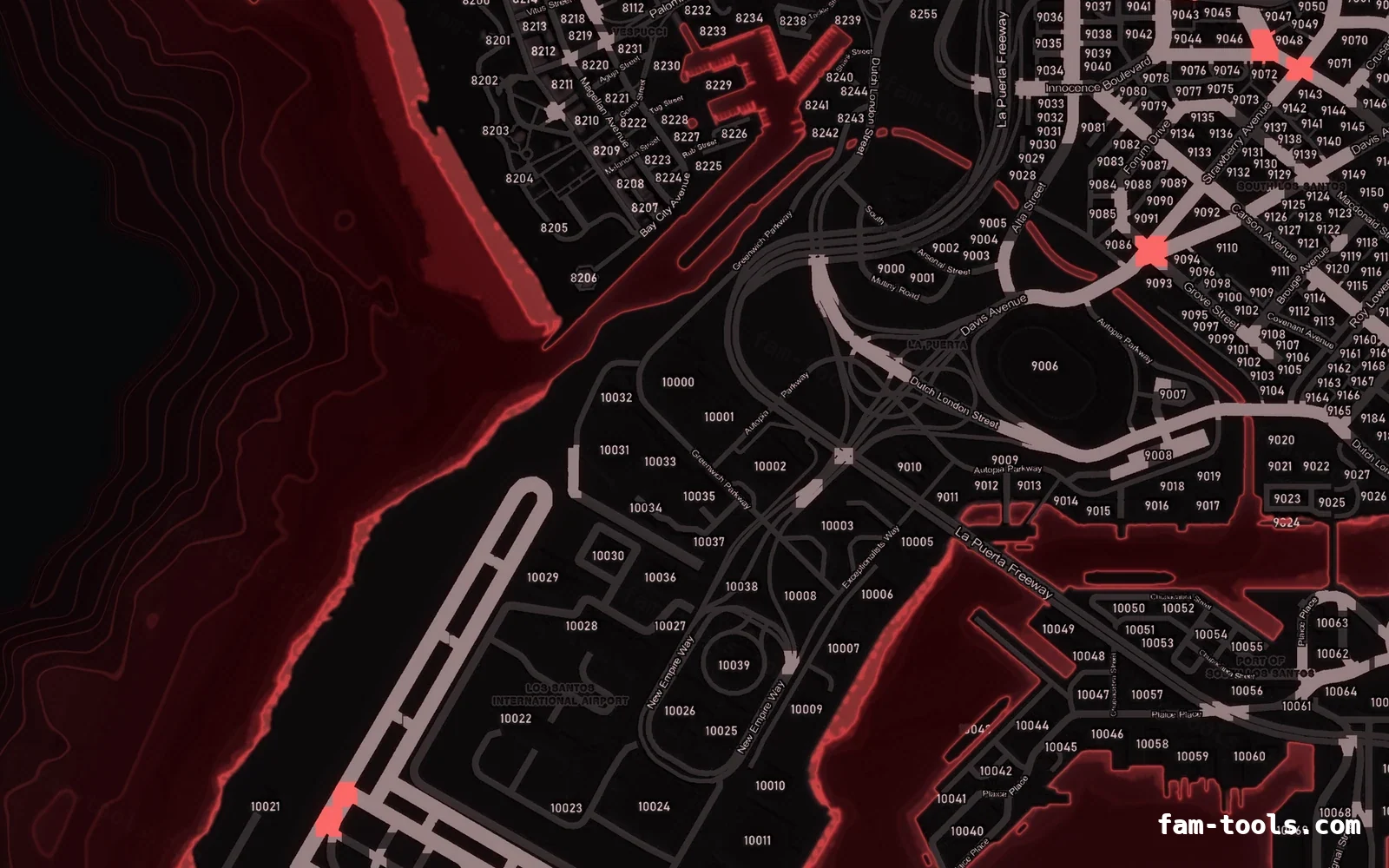 Red CRIMSON FiveM-compatible minimap for GTA 5 — with postal codes — showing the harbour and industrial docks