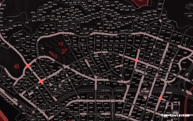 Red CRIMSON FiveM-compatible minimap for GTA 5 — with postal codes — showing Los Santos street detail