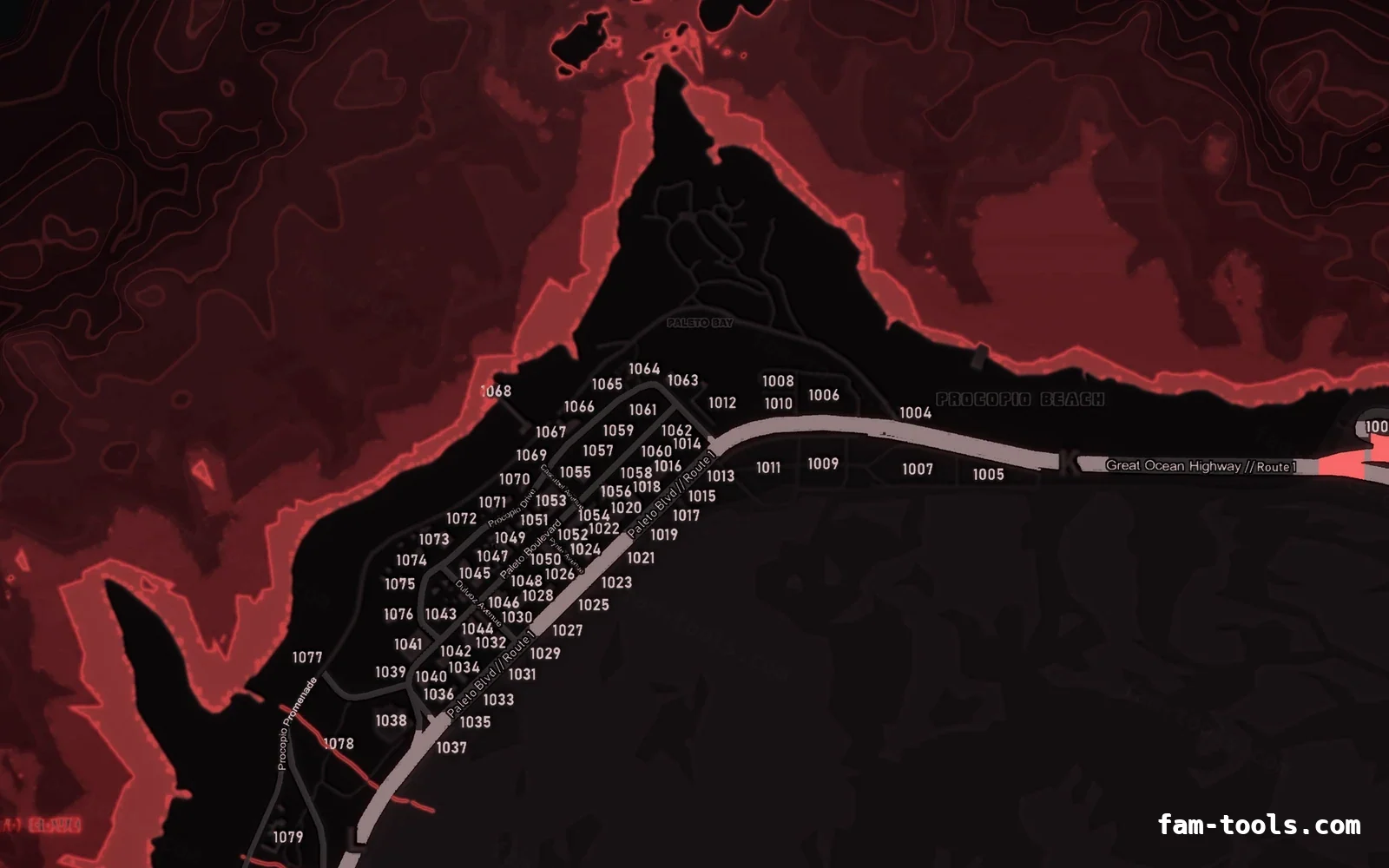 Red CRIMSON FiveM-compatible minimap for GTA 5 — with postal codes — showing Paleto Bay and Mount Chiliad