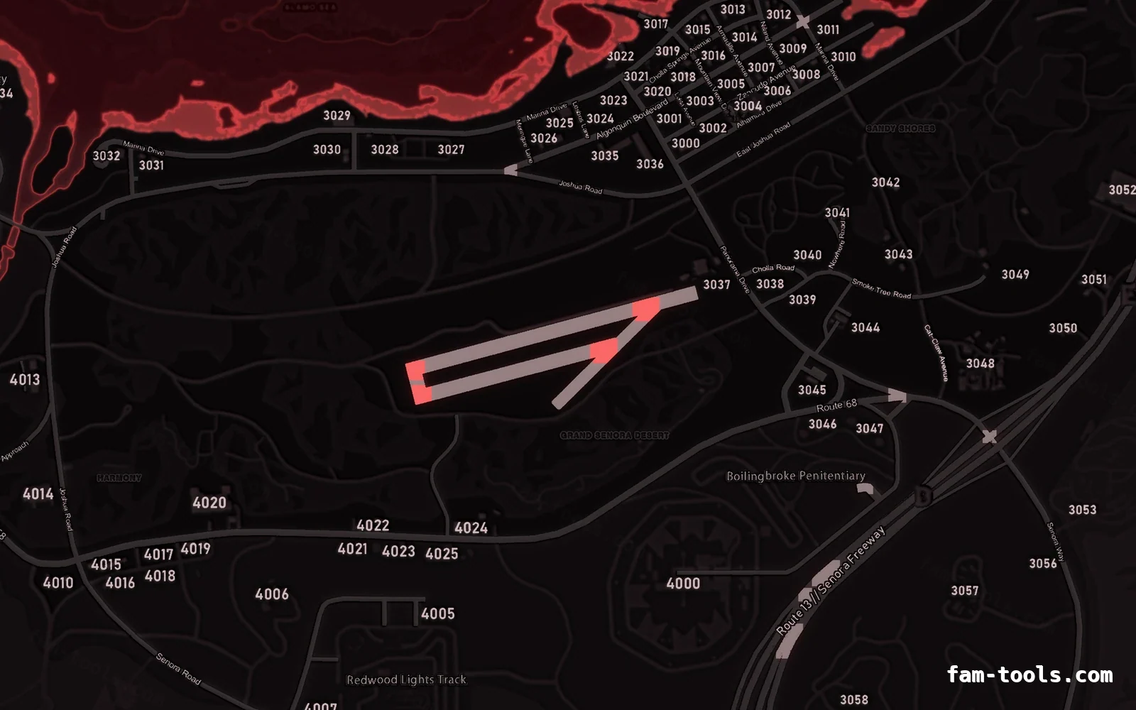 Red CRIMSON FiveM-compatible minimap for GTA 5 — with postal codes — showing Sandy Shores and the desert