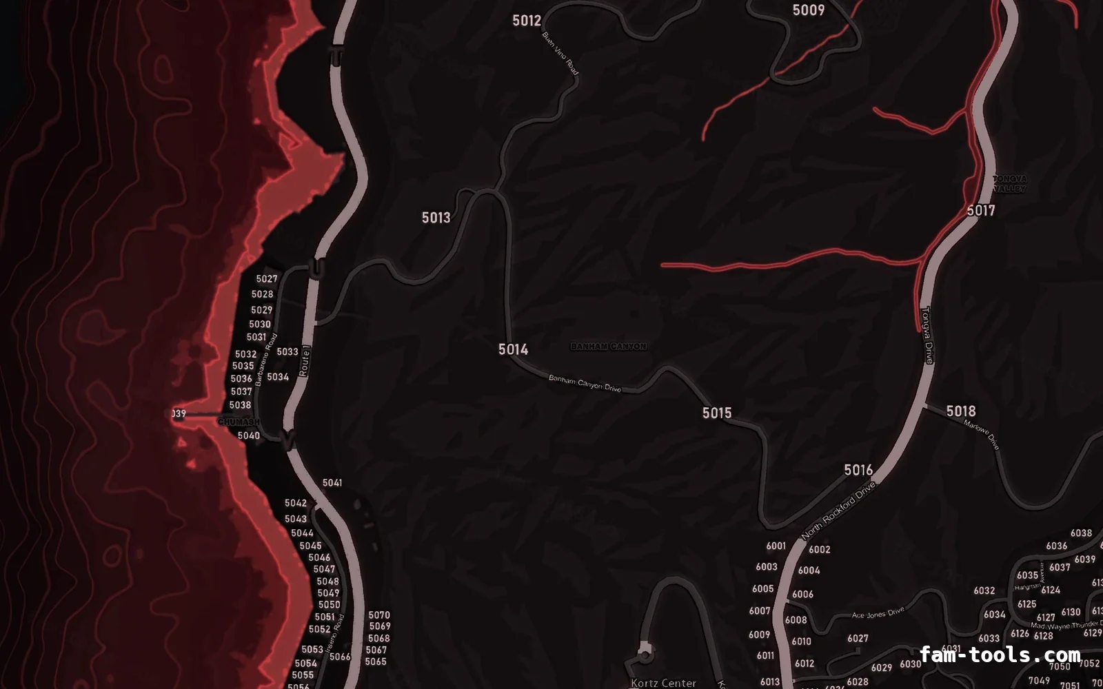 Red CRIMSON FiveM-compatible minimap for GTA 5 — with postal codes — showing the west coast and depth contours