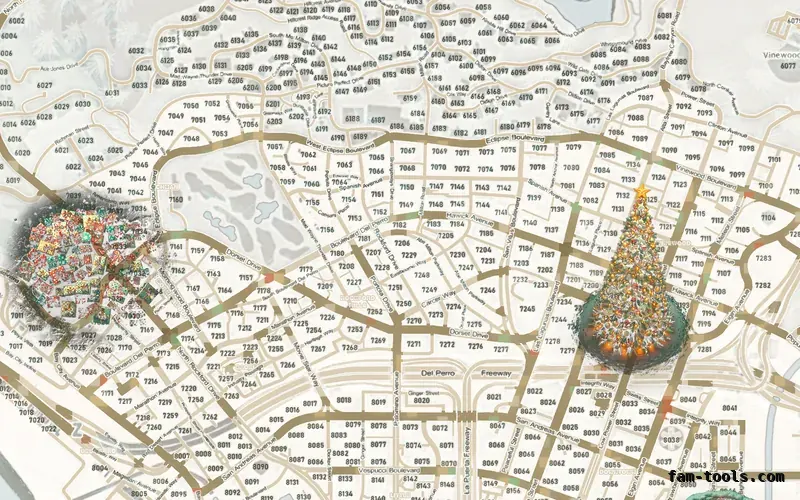 Christmas White WINTER ALABASTER FiveM-compatible minimap for GTA 5 — with postal codes — showing Los Santos street detail