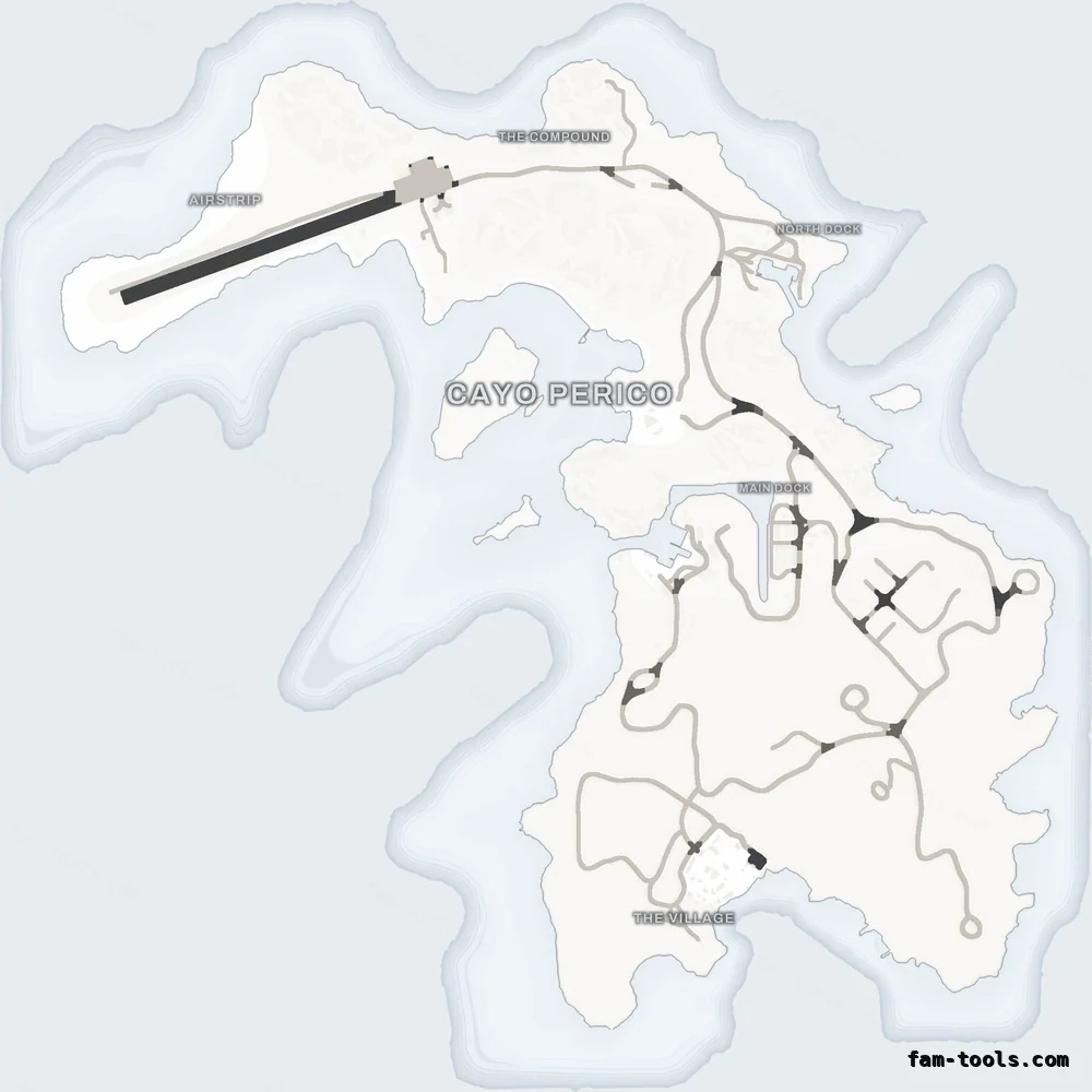 White ALABASTER Cayo Perico FiveM-compatible minimap for GTA 5 — optional island add-on in the same palette, google style