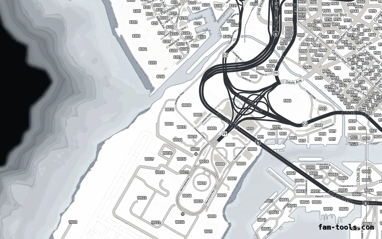 White ALABASTER FiveM-compatible minimap for GTA 5 — google style — showing the harbour and industrial docks