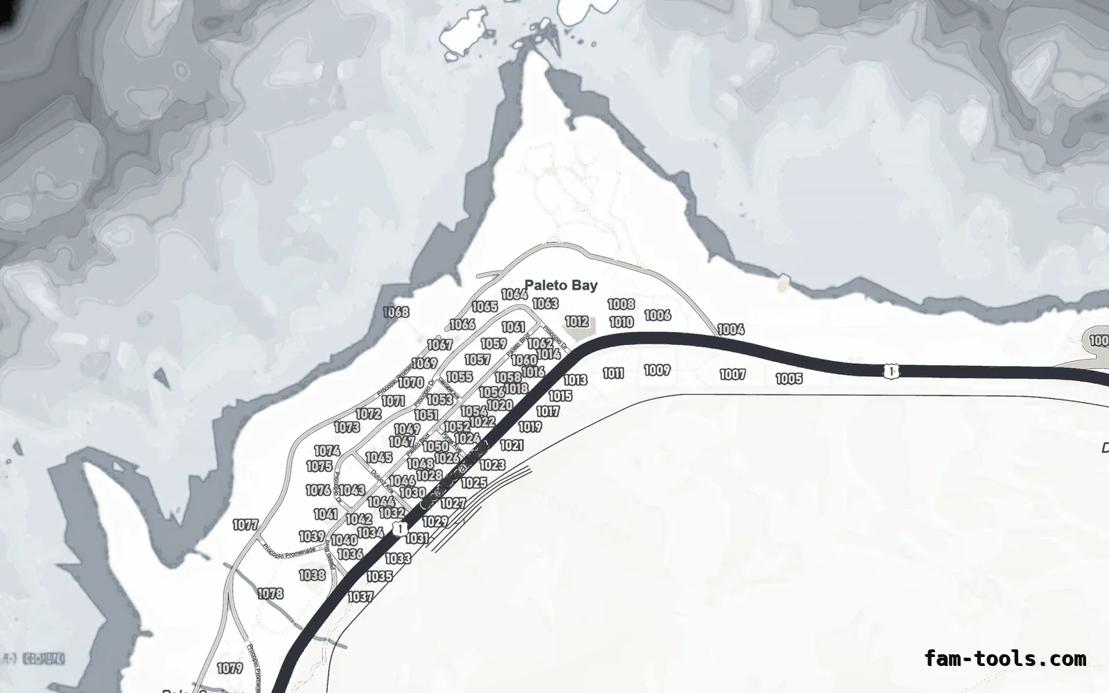 White ALABASTER FiveM-compatible minimap for GTA 5 — google style — showing Paleto Bay and Mount Chiliad