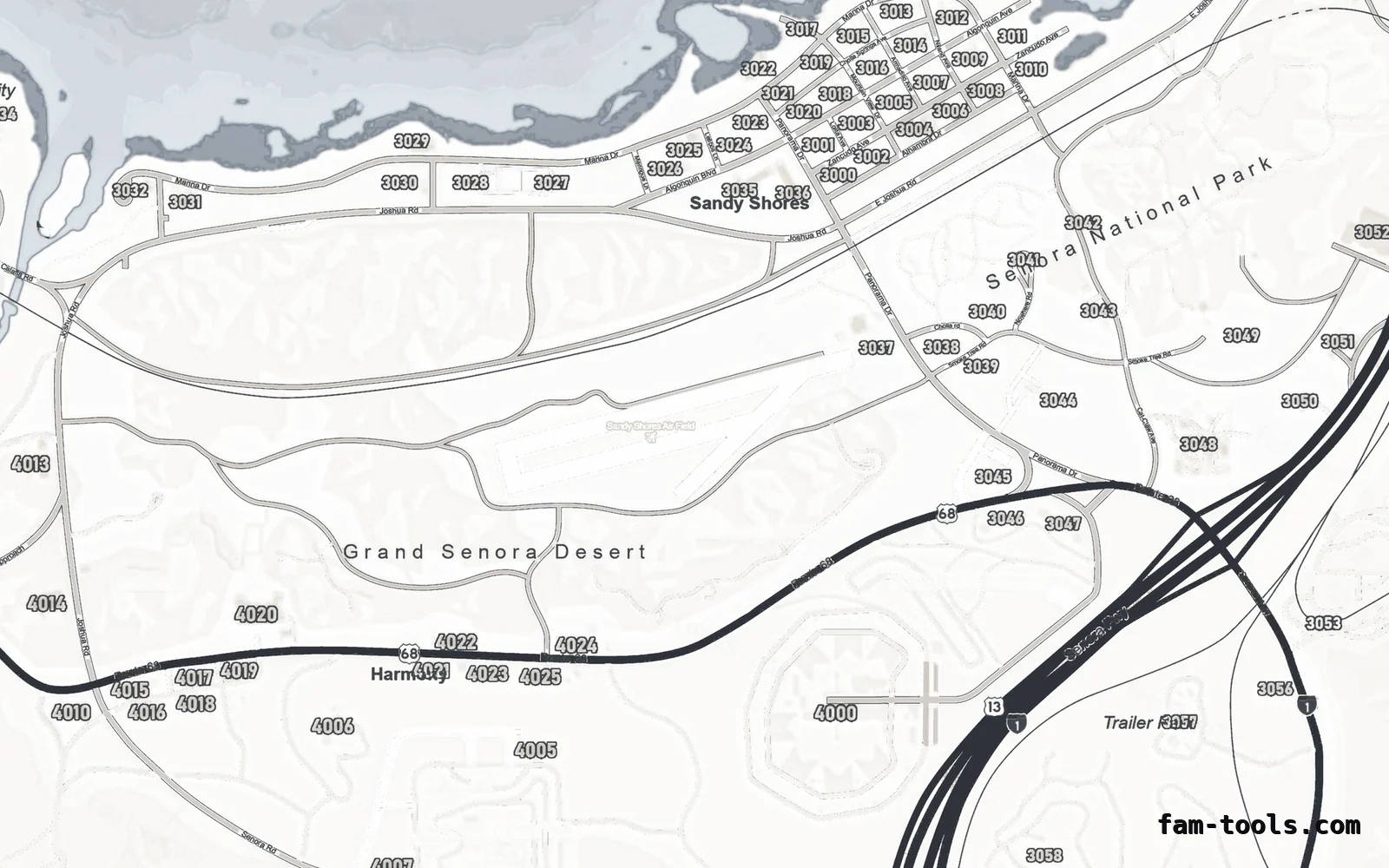 White ALABASTER FiveM-compatible minimap for GTA 5 — google style — showing Sandy Shores and the desert