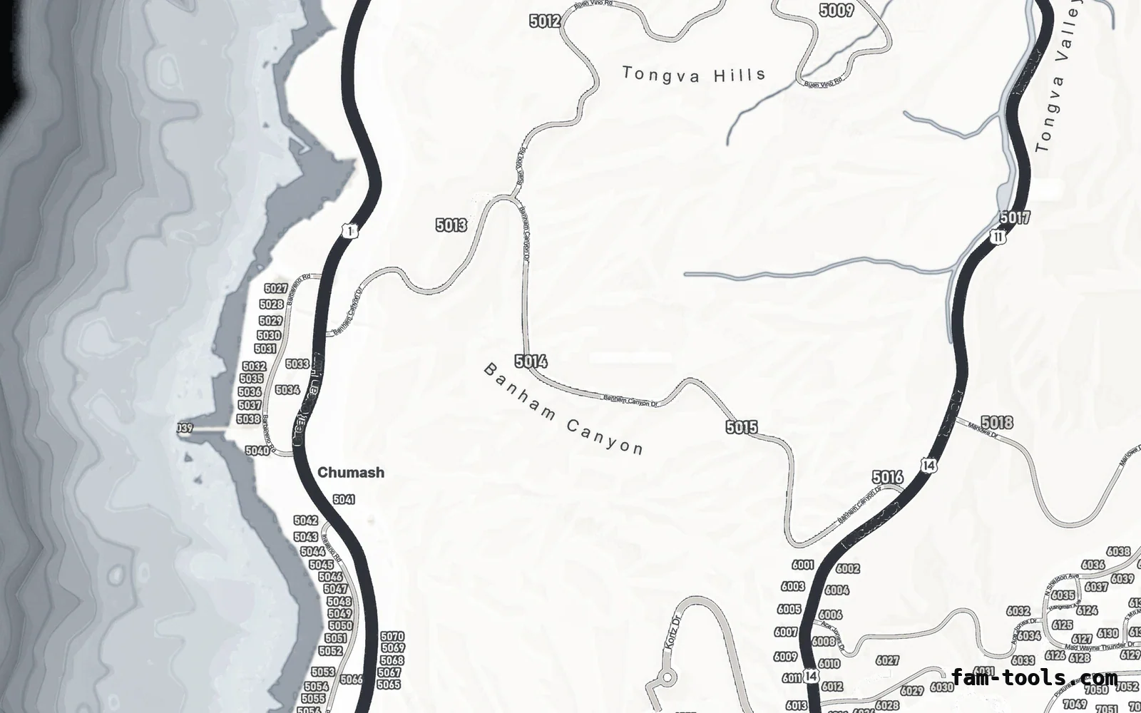 White ALABASTER FiveM-compatible minimap for GTA 5 — google style — showing the west coast and depth contours