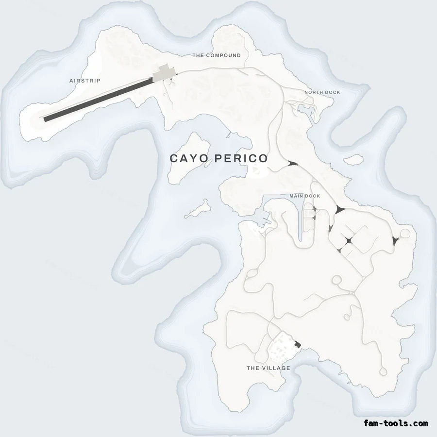 White ALABASTER Cayo Perico FiveM-compatible minimap for GTA 5 — optional island add-on in the same palette, without postal codes