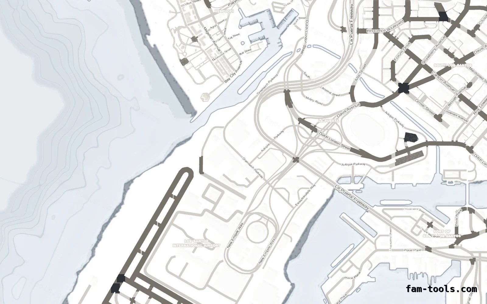 White ALABASTER FiveM-compatible minimap for GTA 5 — without postal codes — showing the harbour and industrial docks