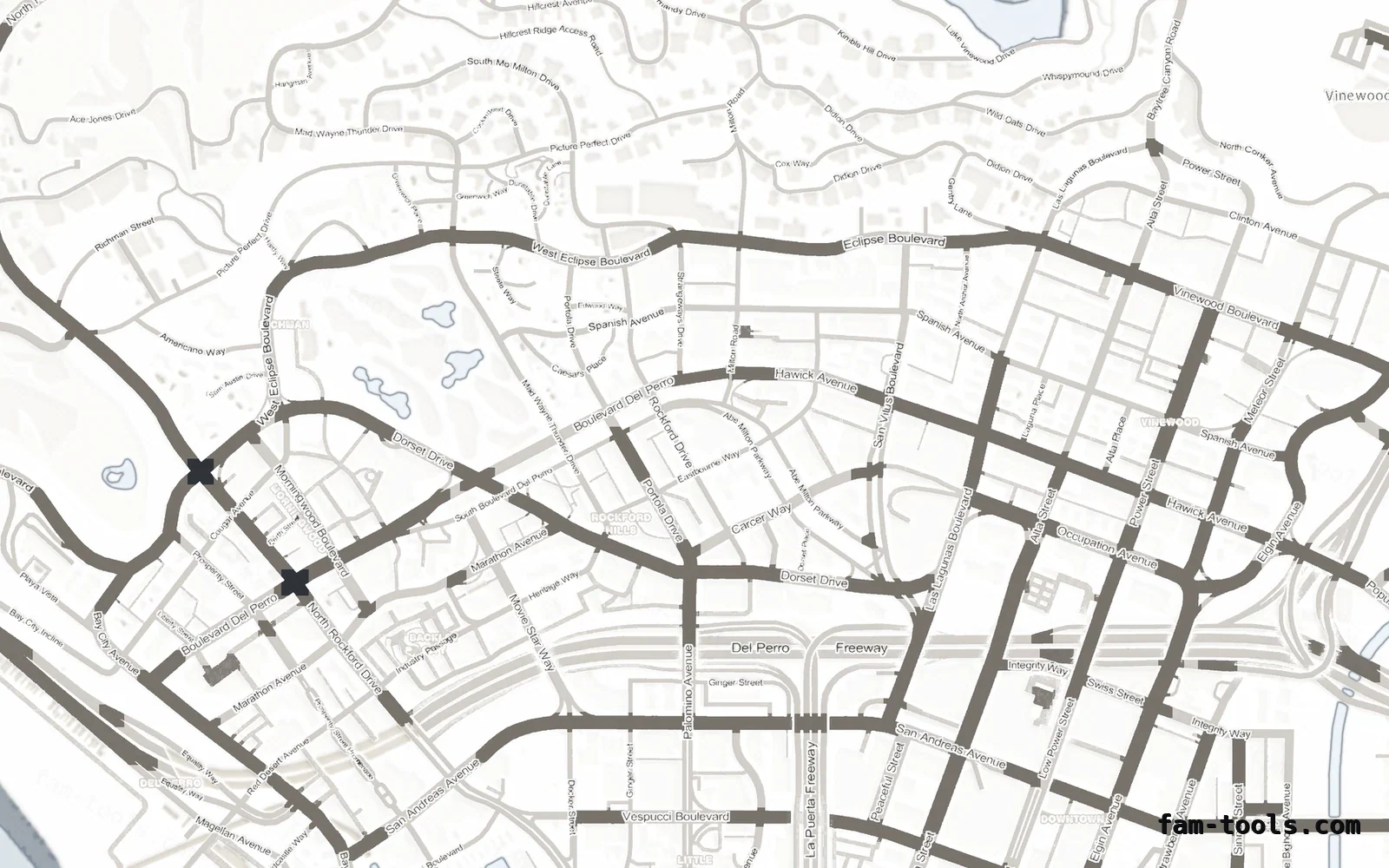 White ALABASTER FiveM-compatible minimap for GTA 5 — without postal codes — showing Los Santos street detail