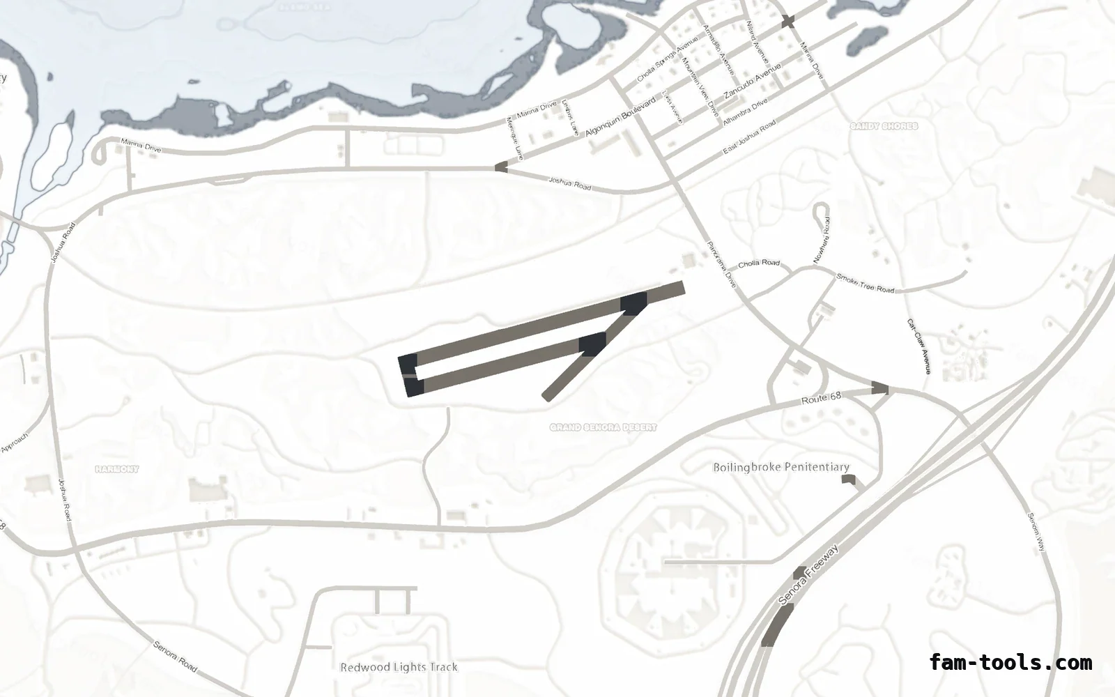 White ALABASTER FiveM-compatible minimap for GTA 5 — without postal codes — showing Sandy Shores and the desert