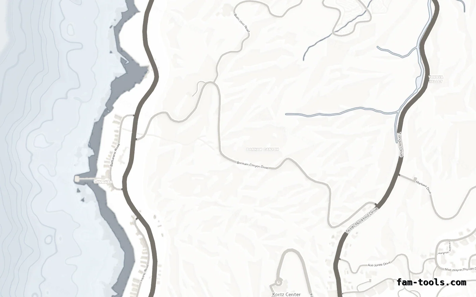 White ALABASTER FiveM-compatible minimap for GTA 5 — without postal codes — showing the west coast and depth contours