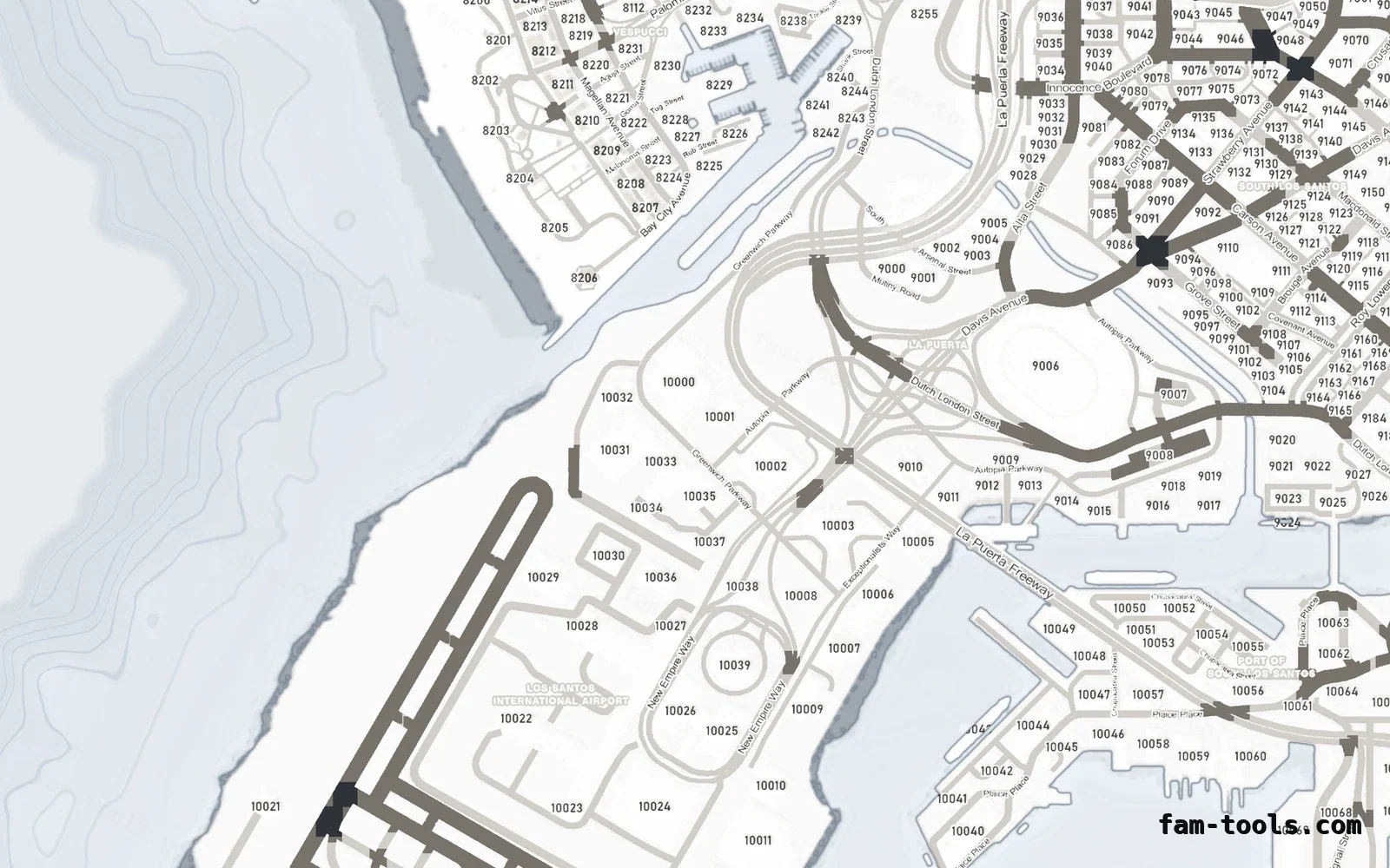 White ALABASTER FiveM-compatible minimap for GTA 5 — with postal codes — showing the harbour and industrial docks