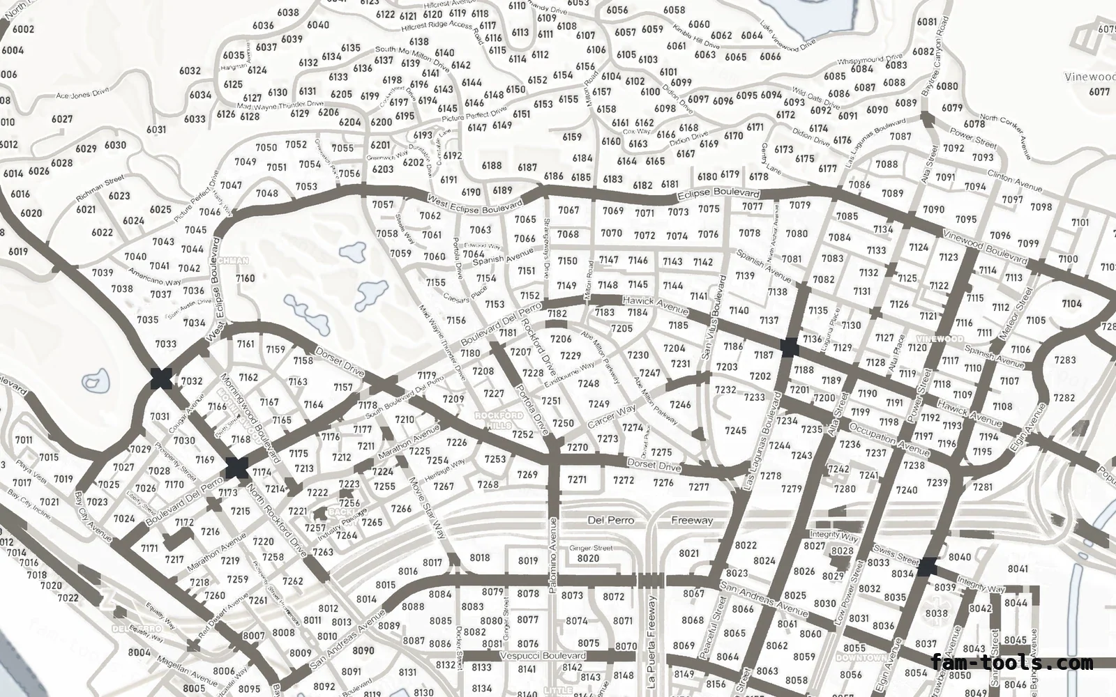 White ALABASTER FiveM-compatible minimap for GTA 5 — with postal codes — showing Los Santos street detail