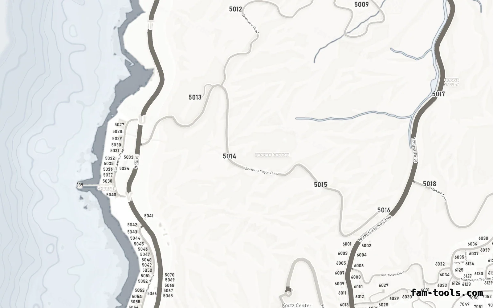 White ALABASTER FiveM-compatible minimap for GTA 5 — with postal codes — showing the west coast and depth contours