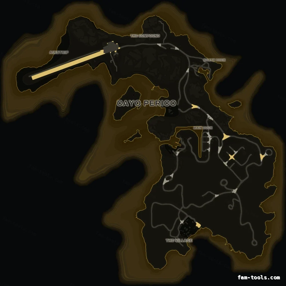 Yellow SOLAR Cayo Perico FiveM-compatible minimap for GTA 5 — optional island add-on in the same palette, google style