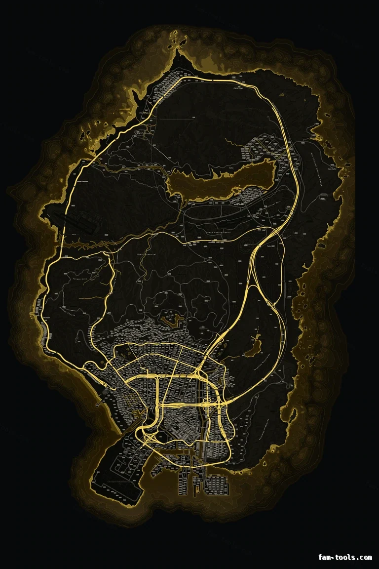 Yellow SOLAR FiveM-compatible minimap for GTA 5 — google style — showing the whole Los Santos and Blaine County map