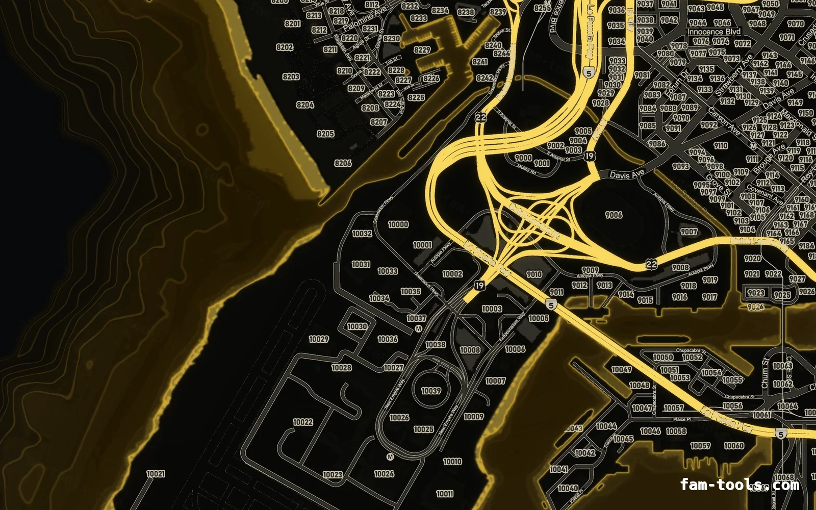 Yellow minimap — Harbour Yellow SOLAR FiveM-compatible minimap for GTA 5 — google style — showing the harbour and industrial docks