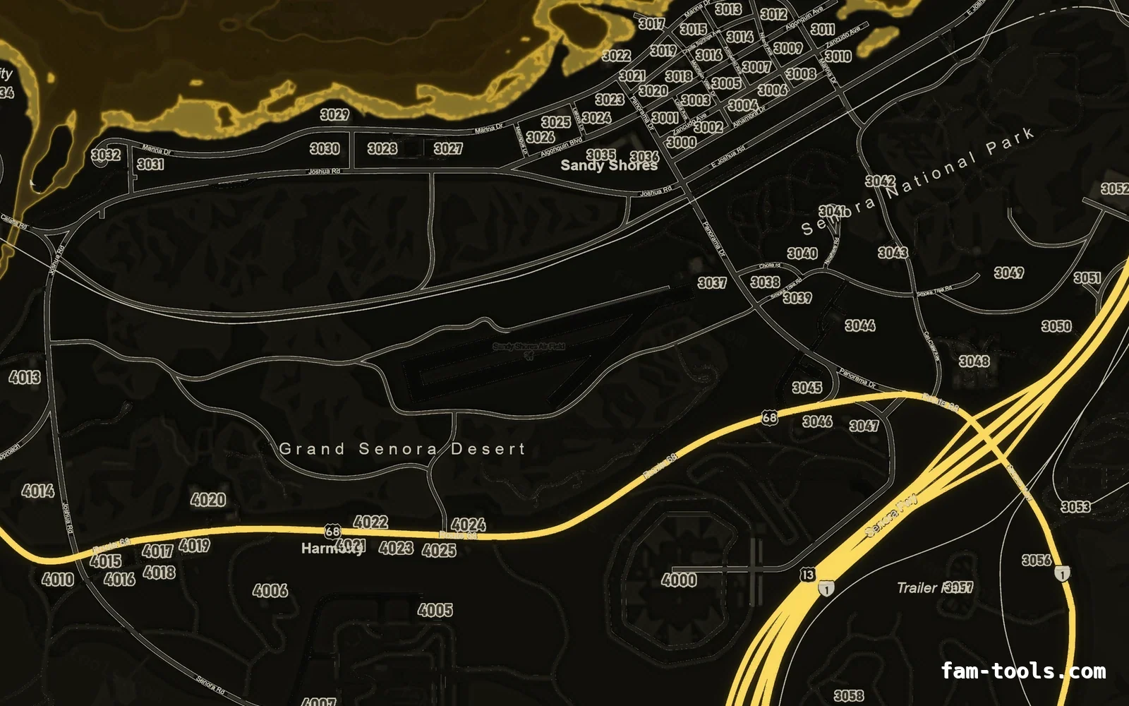 Yellow minimap — Sandy Shores Yellow SOLAR FiveM-compatible minimap for GTA 5 — google style — showing Sandy Shores and the desert